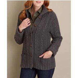 Duluth Trading Fisherman Cable Cardigan Sweater Sz L Wool Cashmere Blend Grey